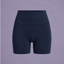 Daily Shorts in Midnight Navy, ghost mannequin front view showing high-waisted fit and mid-thigh length