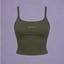 A khaki green cropped camisole tank top with thin straps and a square neckline, featuring the text 'PRINCE X MOTT' printed in white on the chest, set against a solid lavender-purple background.
