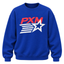 A royal blue crewneck sweatshirt featuring a distressed 'PXM' logo graphic on the chest in red and white, with a white star and horizontal stripes.