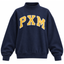 A navy blue sweatshirt with 'PXM' printed in yellow varsity block letters with a white outline across the chest, displayed on a clean white background.