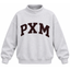 A light heather gray crewneck sweatshirt featuring the letters 'PX M' printed in a distressed dark brown varsity font across the chest.