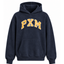 A navy blue pullover hoodie with 'PXM' printed in yellow varsity-style letters with a white outline across the chest, shown on a plain white background.