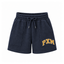 Navy blue fleece shorts with a drawstring waist, side pockets, and a yellow 'PXM' logo on the left leg, shown against a plain white background.
