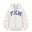 An off-white zip-up hoodie with 'PXM' printed in blue varsity-style letters across the chest, displayed on a clean white background.